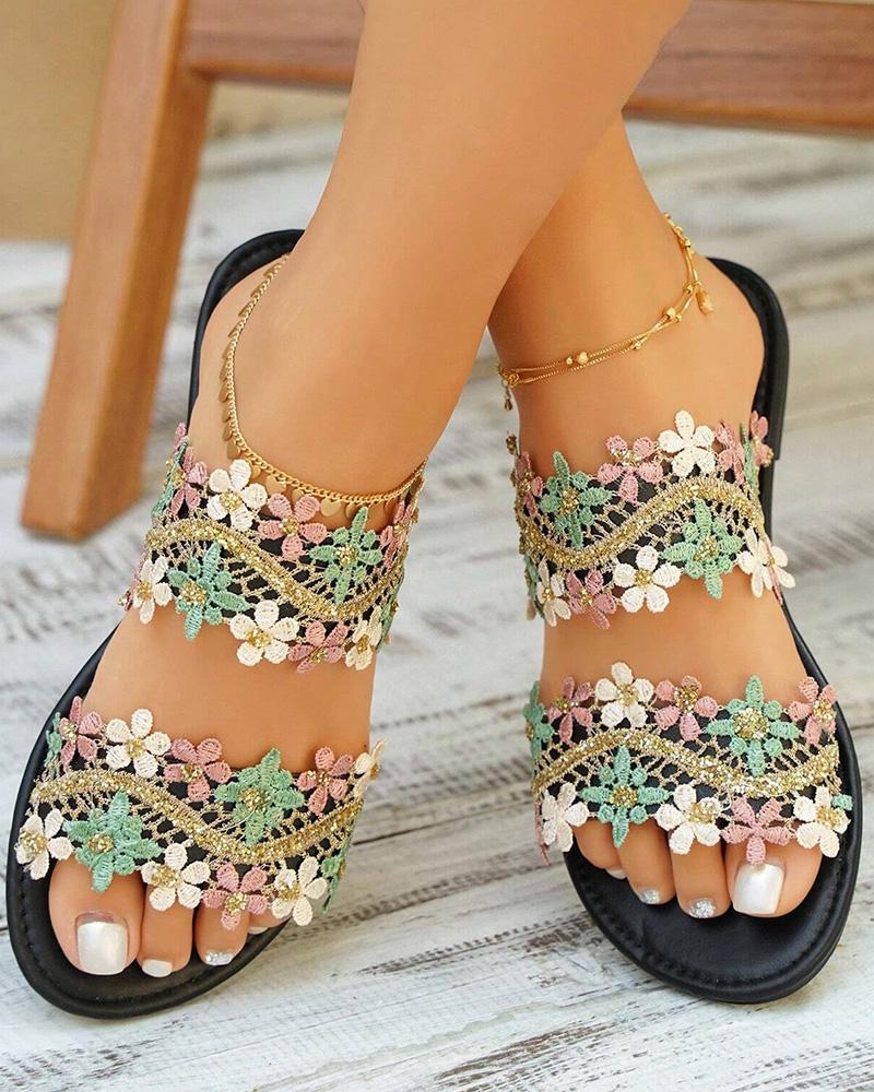 Lace Floral Double Strap Summer Beach Slippers