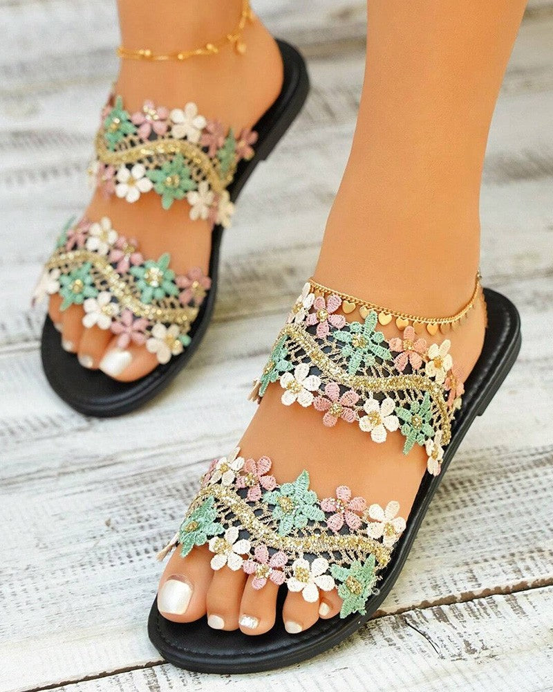 Lace Floral Double Strap Summer Beach Slippers