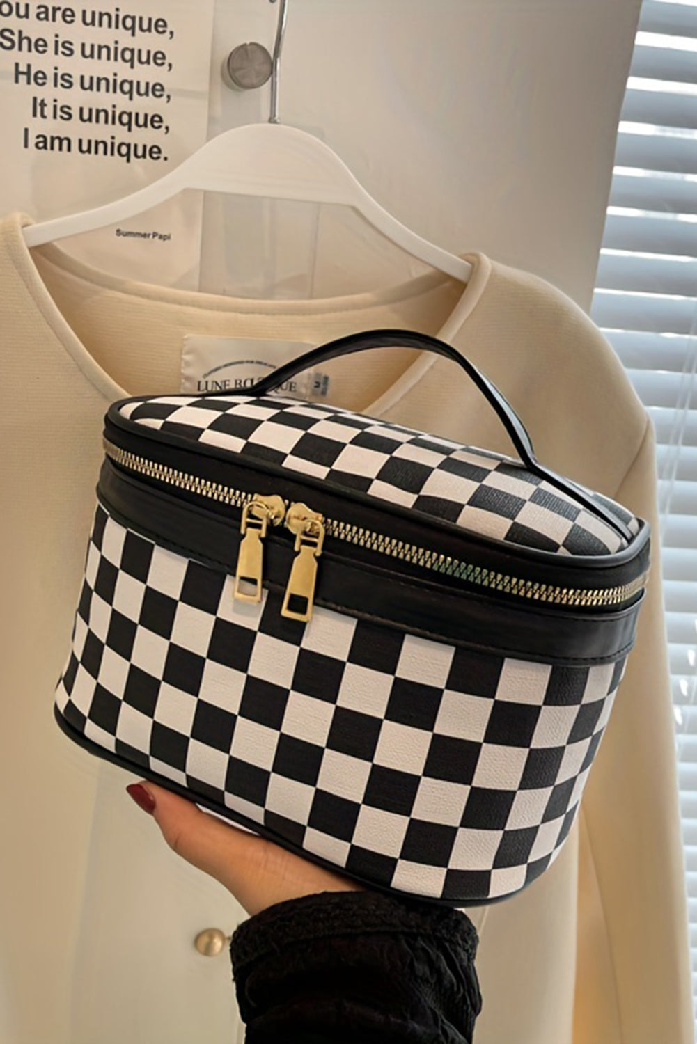 Black Checkered Zipper Large Cosmetic Bag with Handle