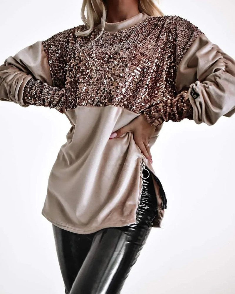 Velvet Mock Neck Sequin Patch Ruched Side Zipper Design Sweatshirt