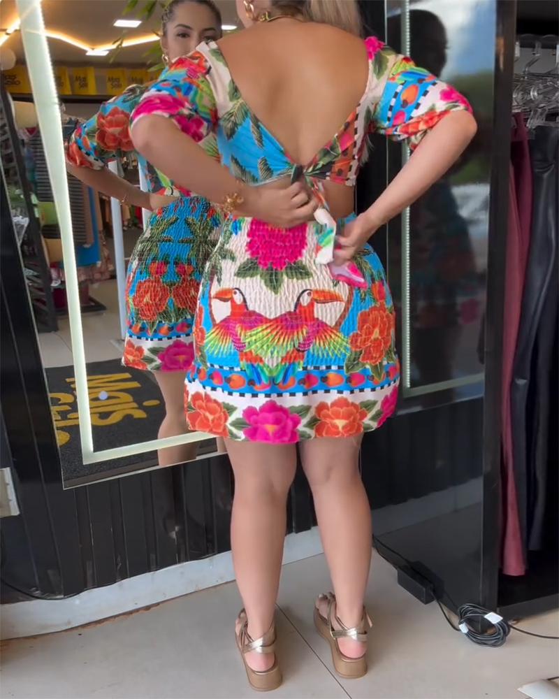 Tropical Print Shirred Puff Sleeve Dress