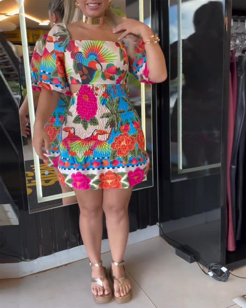 Tropical Print Shirred Puff Sleeve Dress