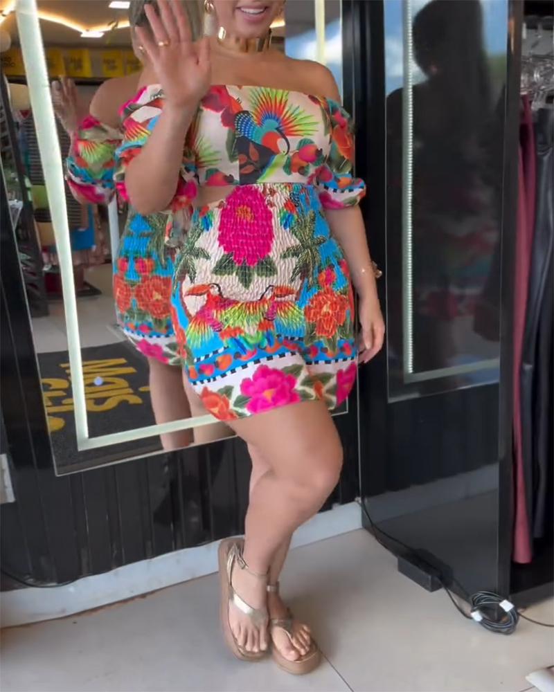 Tropical Print Shirred Puff Sleeve Dress