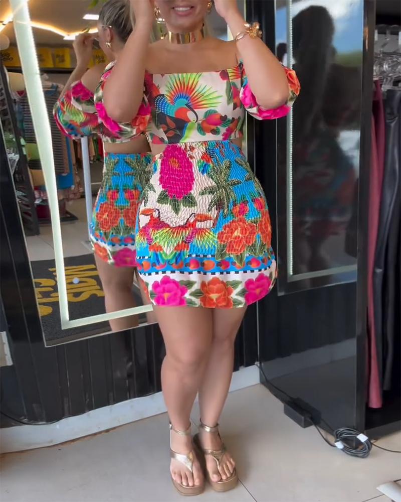 Tropical Print Shirred Puff Sleeve Dress