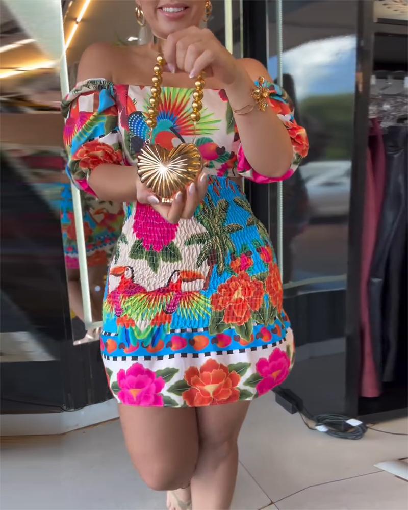 Tropical Print Shirred Puff Sleeve Dress