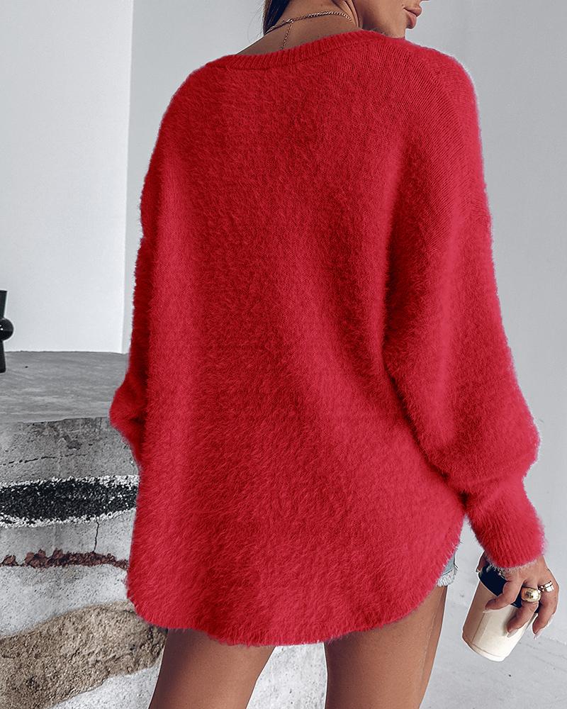 Beaded Decor V neckline Long Sleeve Fluffy Oversized Sweater