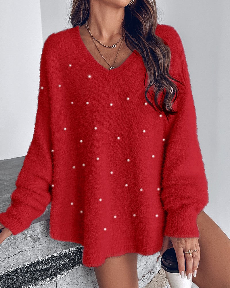 Beaded Decor V neckline Long Sleeve Fluffy Oversized Sweater