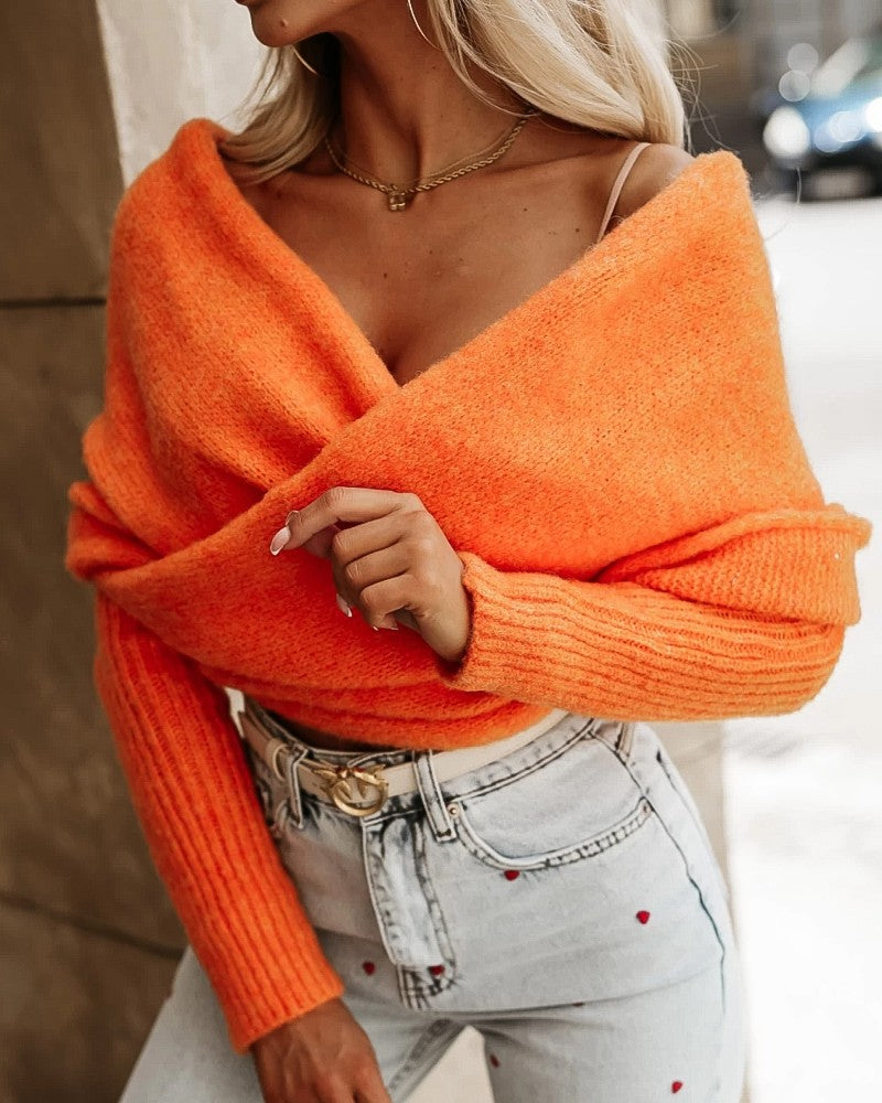 Off Shoulder Crisscross Wrap Knit Sweater