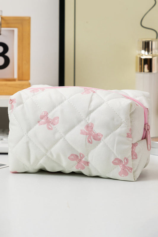 Pink Sweet Bow Knot Print Quilted Zipper Cosmetic Bag