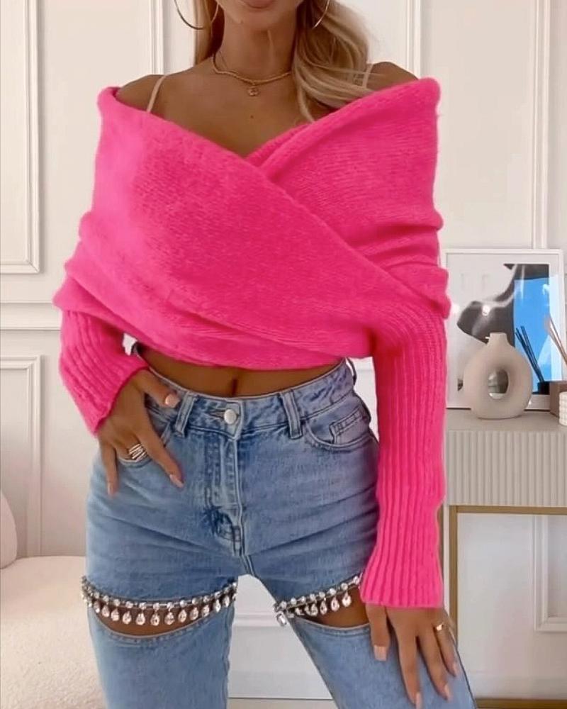 Off Shoulder Crisscross Wrap Knit Sweater