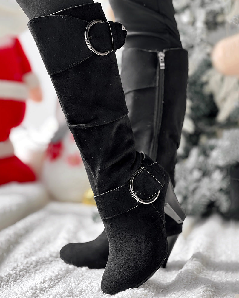 Buckled Chunky Heel Velvet Calf Boots