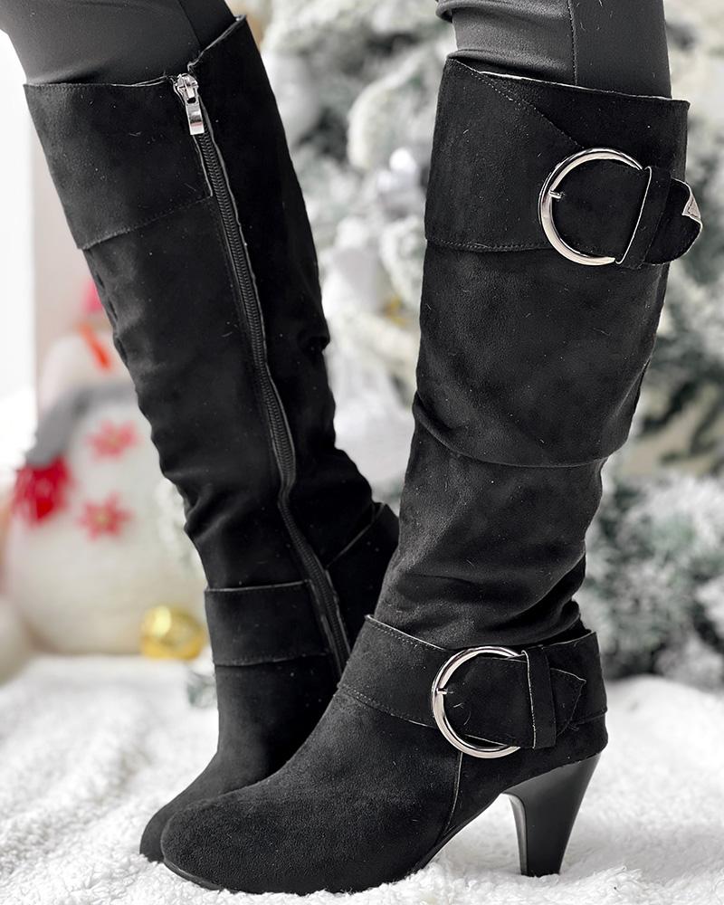 Buckled Chunky Heel Velvet Calf Boots