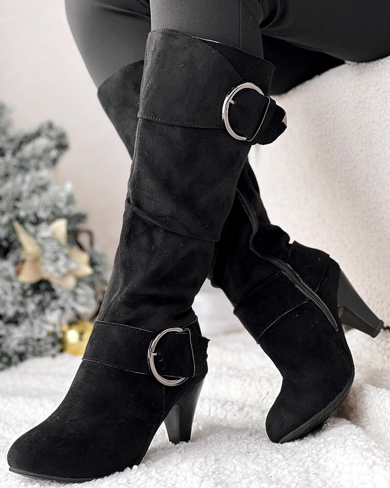 Buckled Chunky Heel Velvet Calf Boots