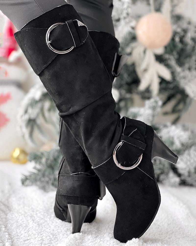 Buckled Chunky Heel Velvet Calf Boots