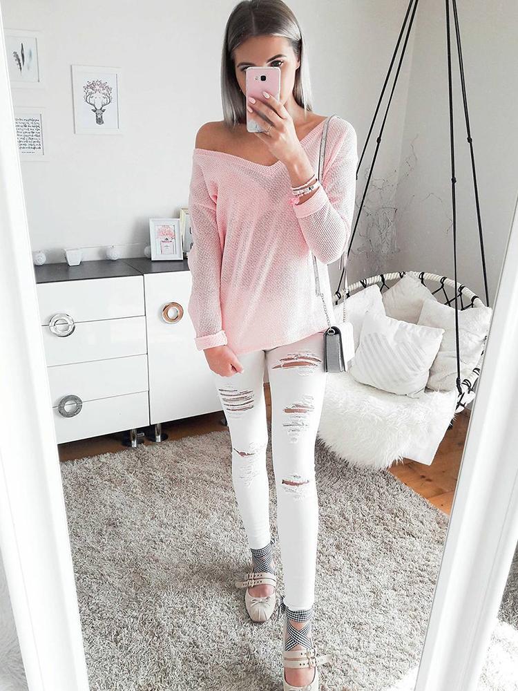 V Neck Knitted Casual Pullover Sweater