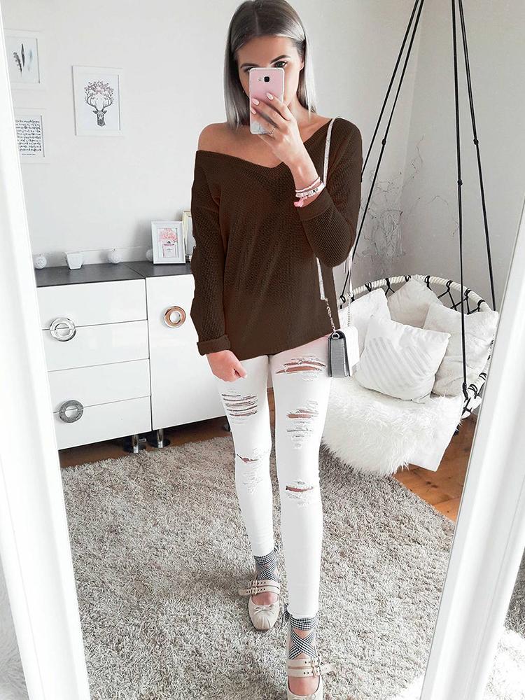 V Neck Knitted Casual Pullover Sweater