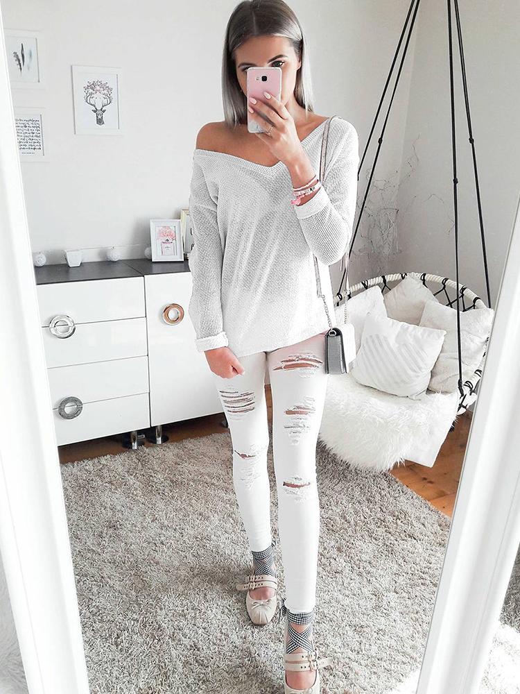 V Neck Knitted Casual Pullover Sweater