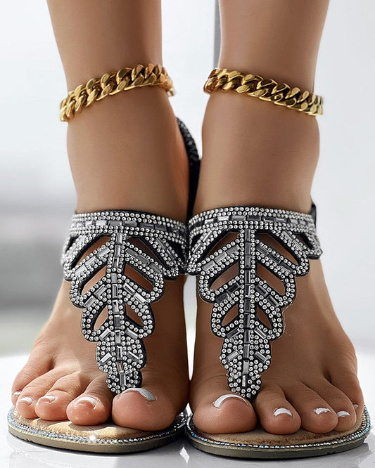 Rhinestone Hollow Leaf Pattern Toe Post Sandals