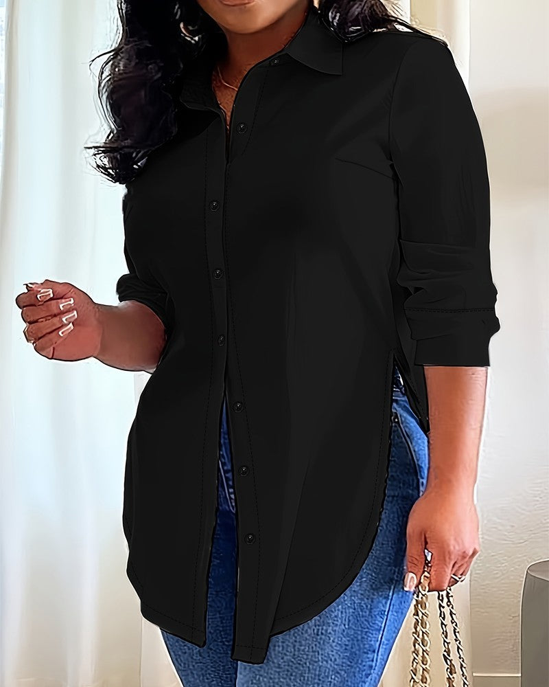 Plus Size Buttoned Slit Long Sleeve Shirt