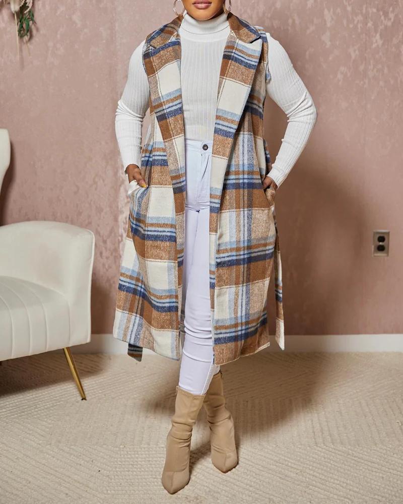 Plaid Print Belted Longline Vest Coat