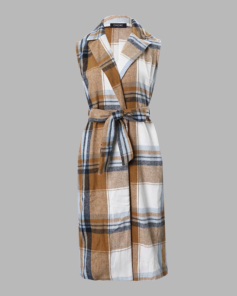 Plaid Print Belted Longline Vest Coat