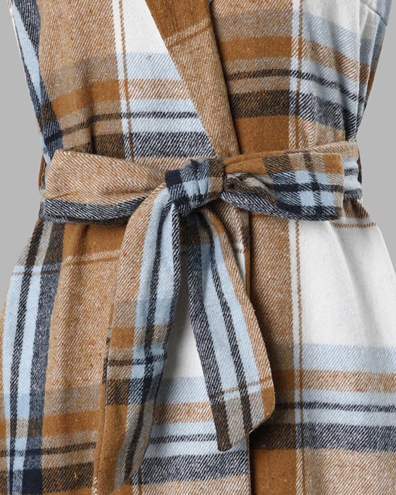 Plaid Print Belted Longline Vest Coat