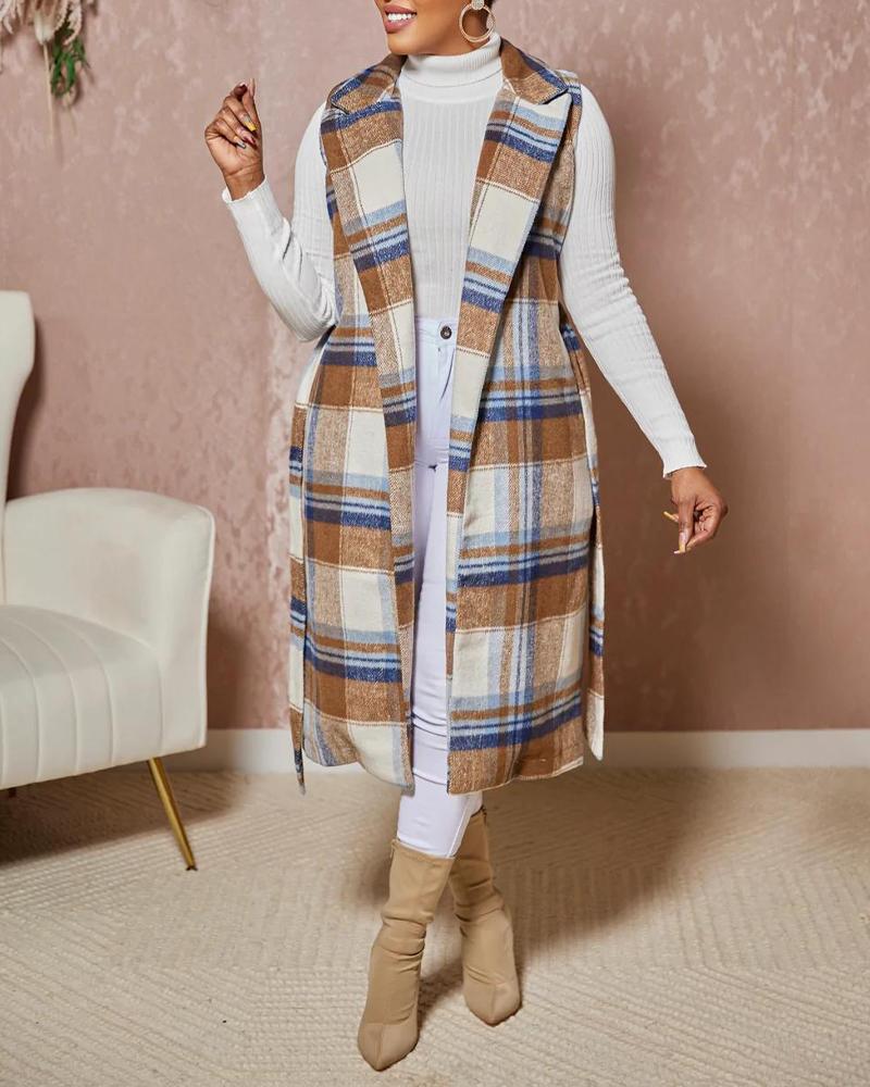 Plaid Print Belted Longline Vest Coat