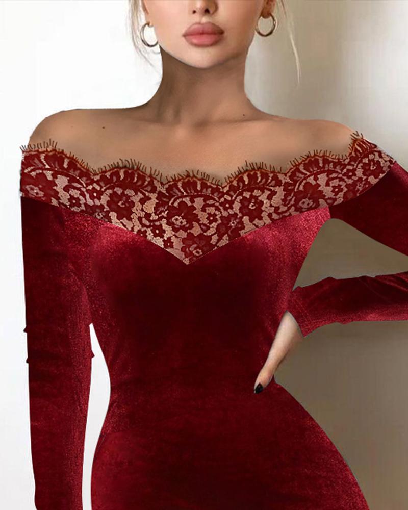 Eyelash Lace Off Shoulder Velvet Bodycon Dress