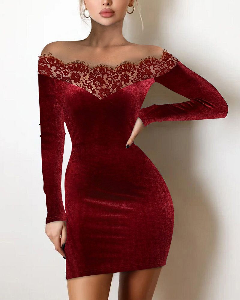 Eyelash Lace Off Shoulder Velvet Bodycon Dress