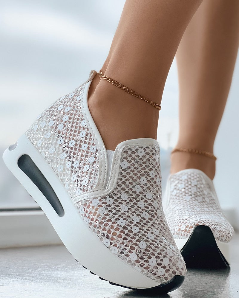 Sequin Lace Slip On Muffin Sneakers