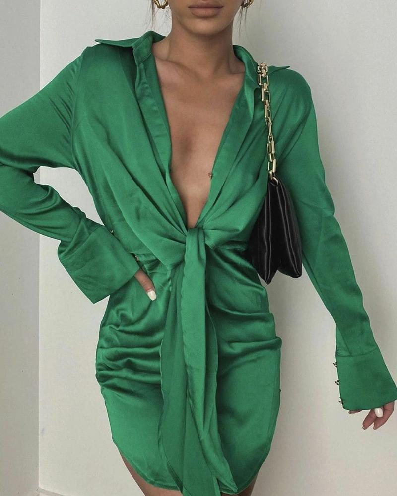 Solid Color Long Sleeve Tie Front Dress