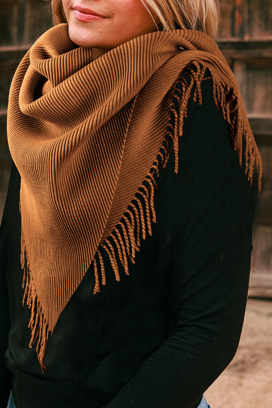 Khaki Bohemian Fringe Trim Textured Scarf