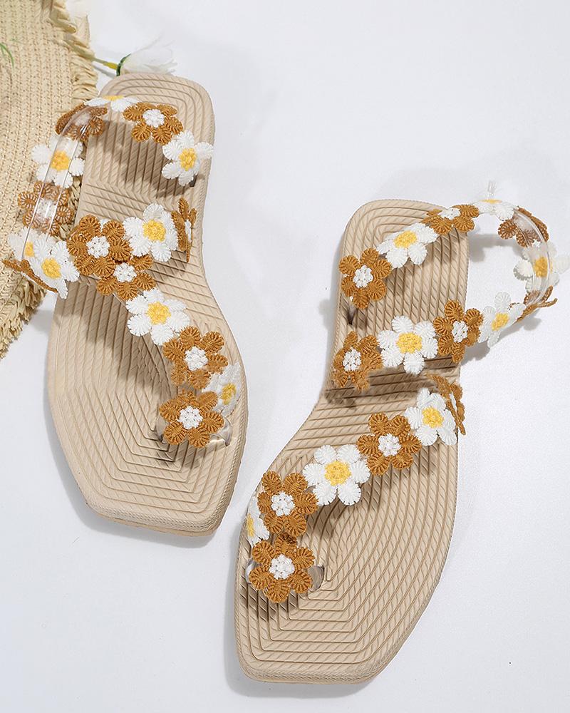 Lace Floral Pattern Toe Ring Summer Beach Sandals