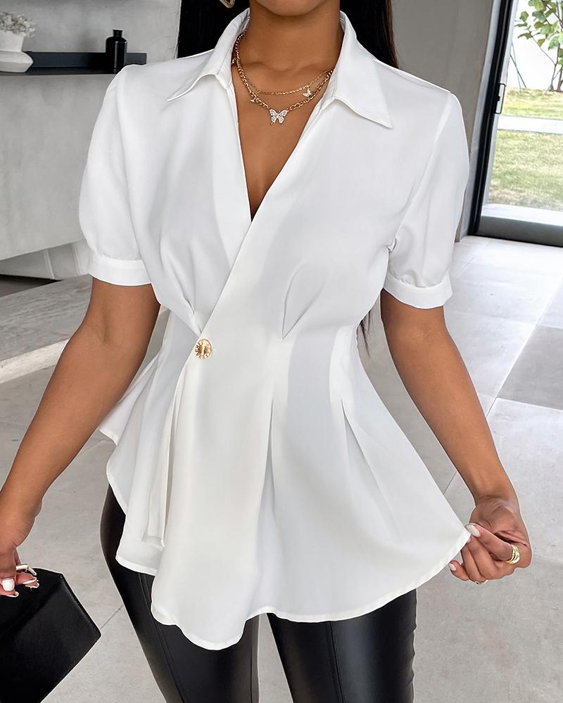 Plunge Buttoned Ruched Short Sleeve Top