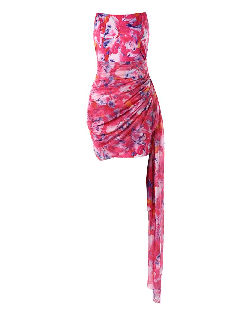 Allover Floral Print Bandeau Side Asymmetrical Hem Party Dress