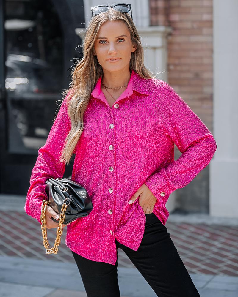 Allover Sequin Button down Long Sleeve Shirt Top