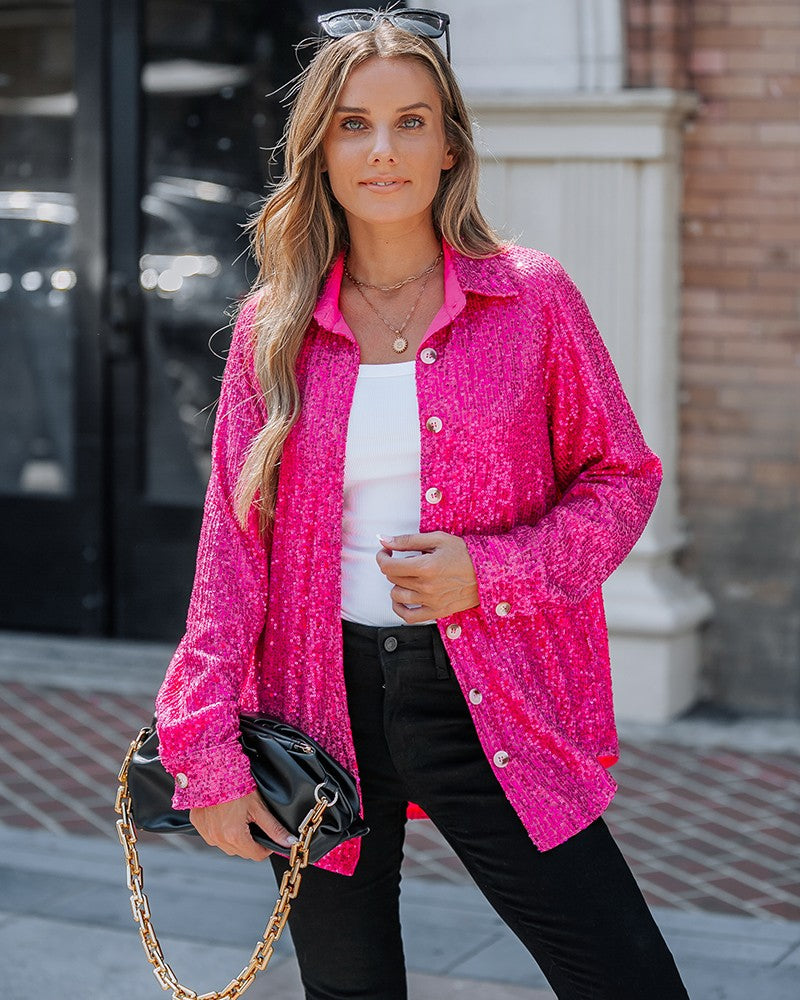 Allover Sequin Button down Long Sleeve Shirt Top