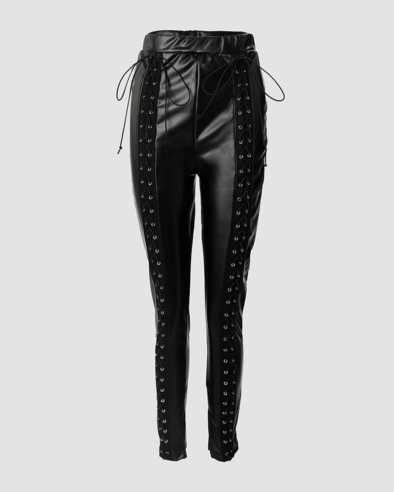 Grommet Eyelet Lace up PU Leather Skinny Pants