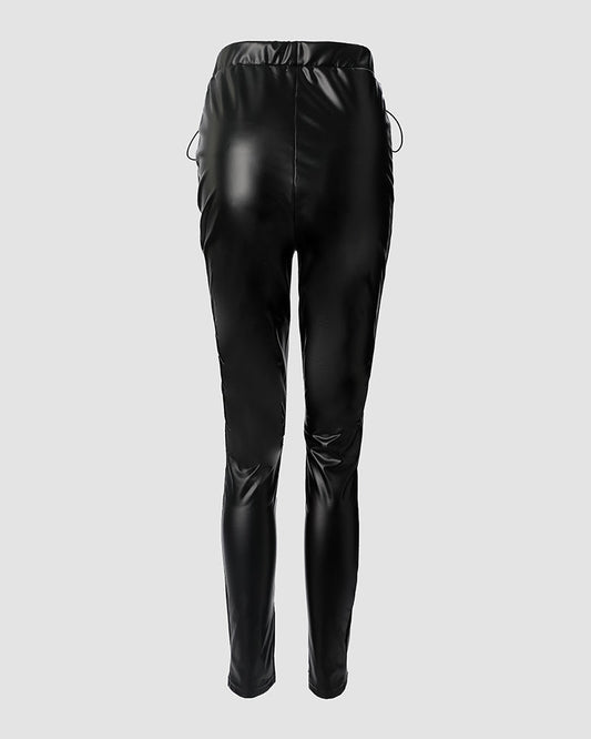 Grommet Eyelet Lace up PU Leather Skinny Pants