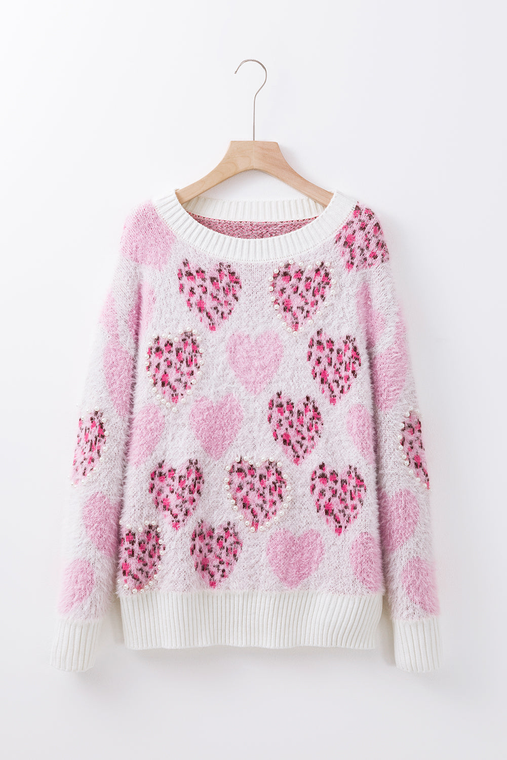 Pink Heart Leopard Print Pearled Ribbed Trim Fuzzy Sweater