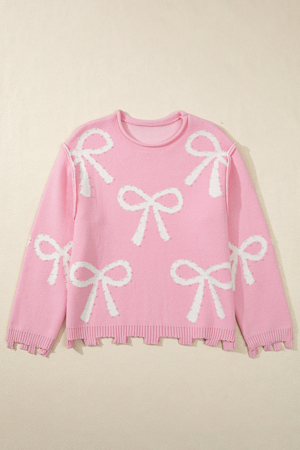 Pink Pearl Beaded Bowknot Pattern Distressed Split Hem Sweater