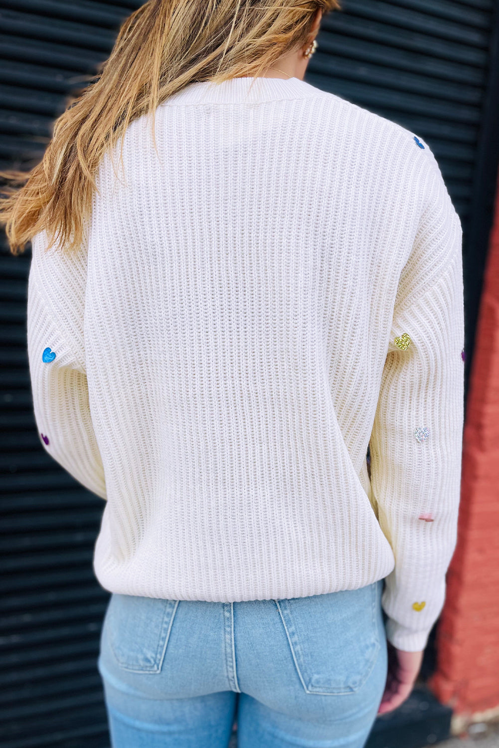 Beige Sequin Heart Shape Waffle Knit Round Neck Sweater