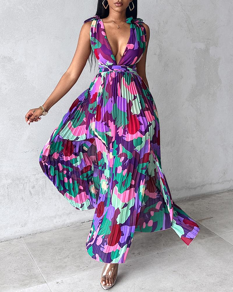 All Over Print Ruched Slit Tied Detail Maxi Dress