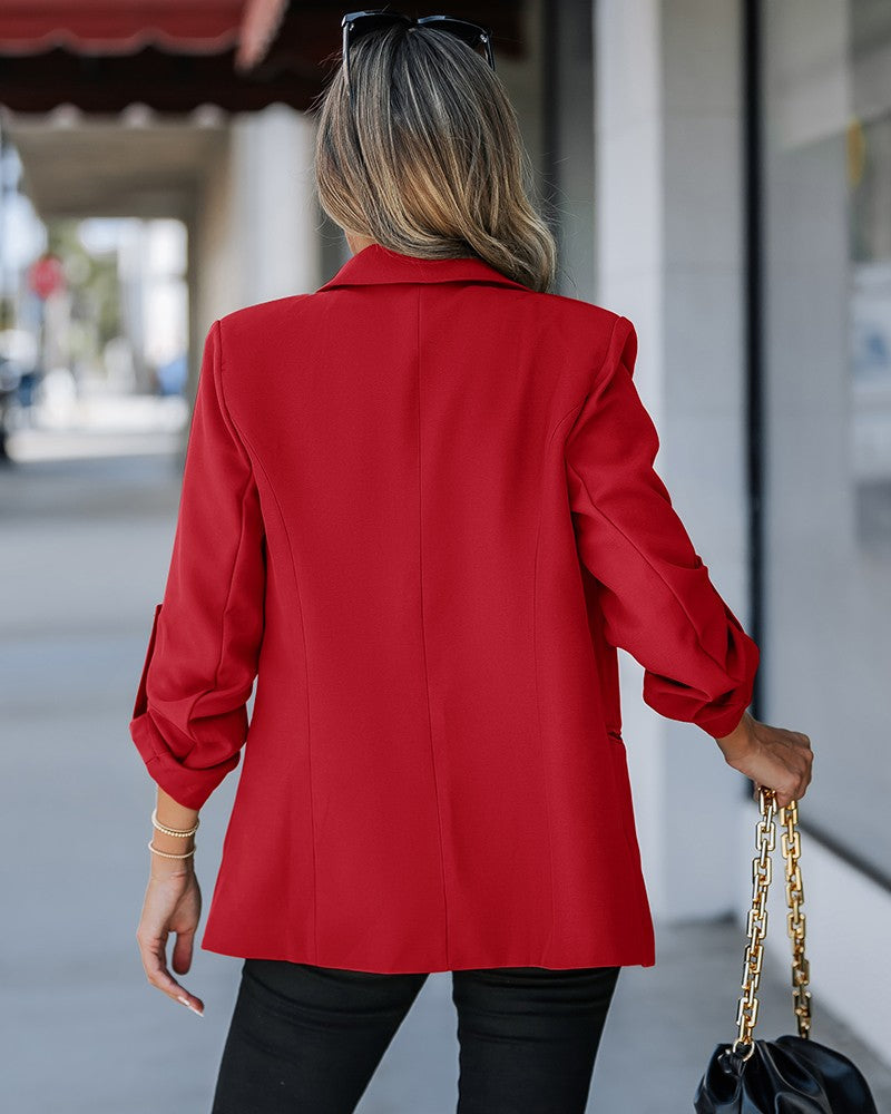 Notched Collar Roll Up Sleeve Blazer Coat