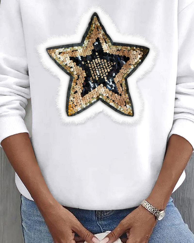 Sequin Star Pattern Fuzzy Detail Sweatshirt