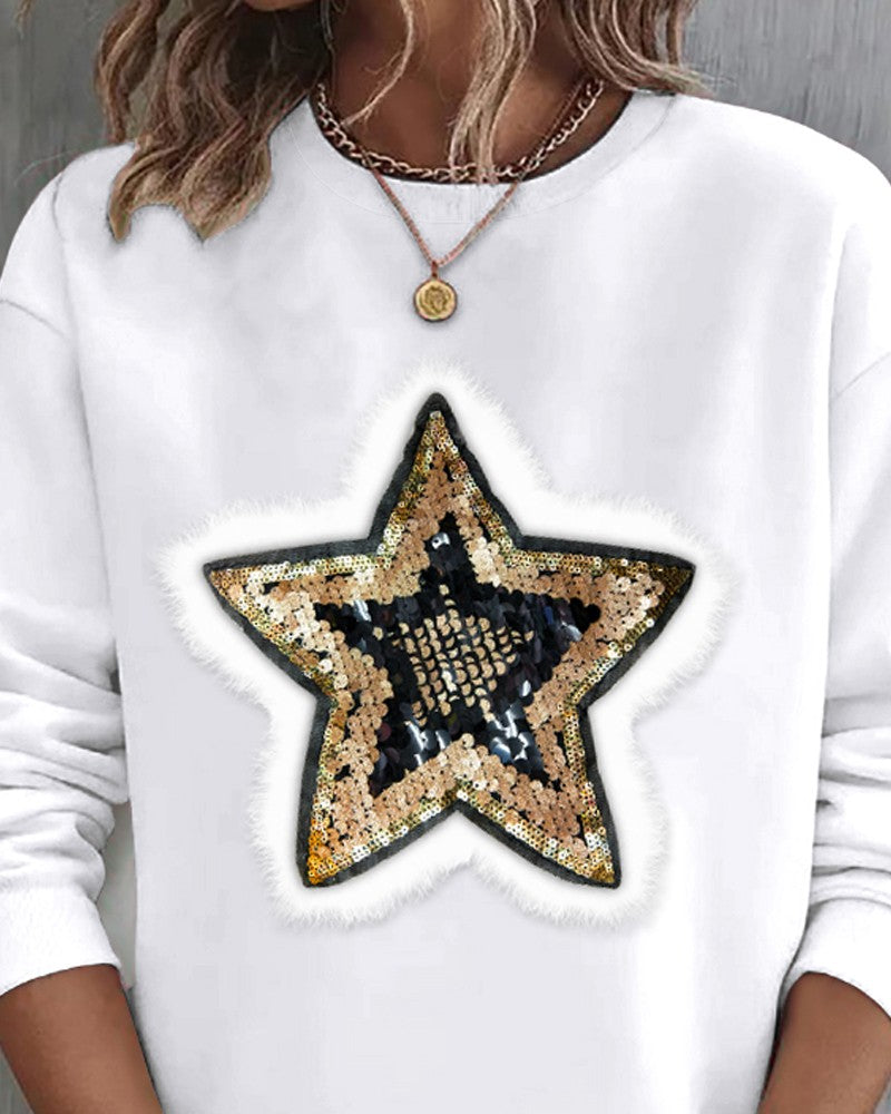 Sequin Star Pattern Fuzzy Detail Sweatshirt