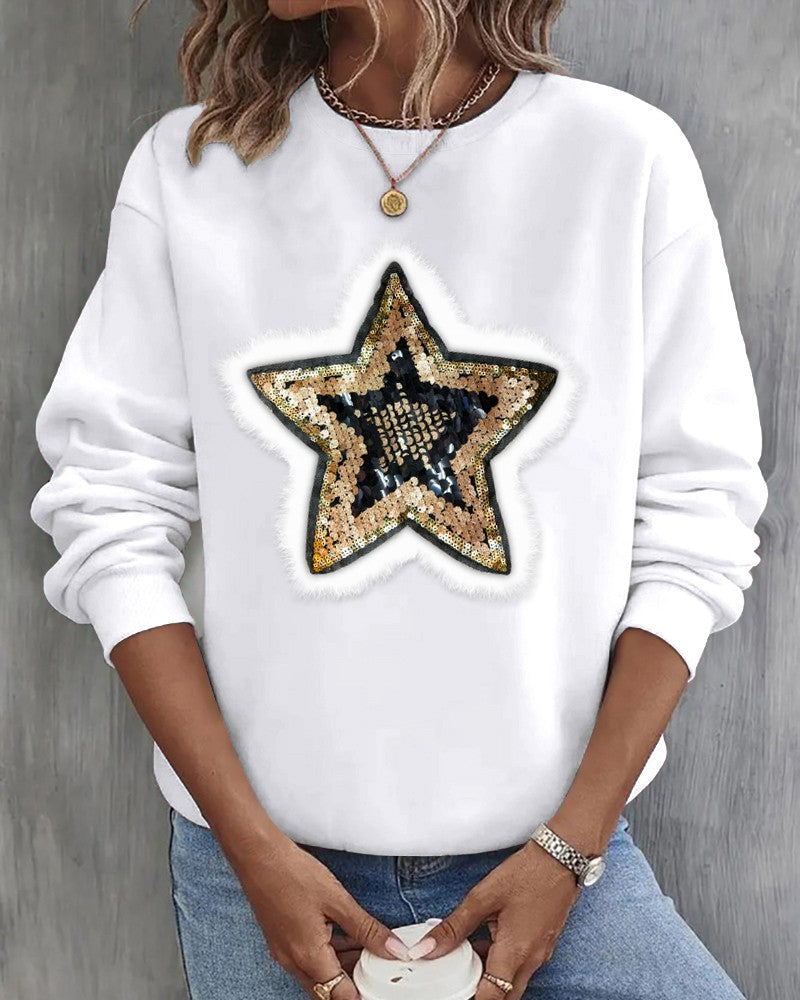 Sequin Star Pattern Fuzzy Detail Sweatshirt