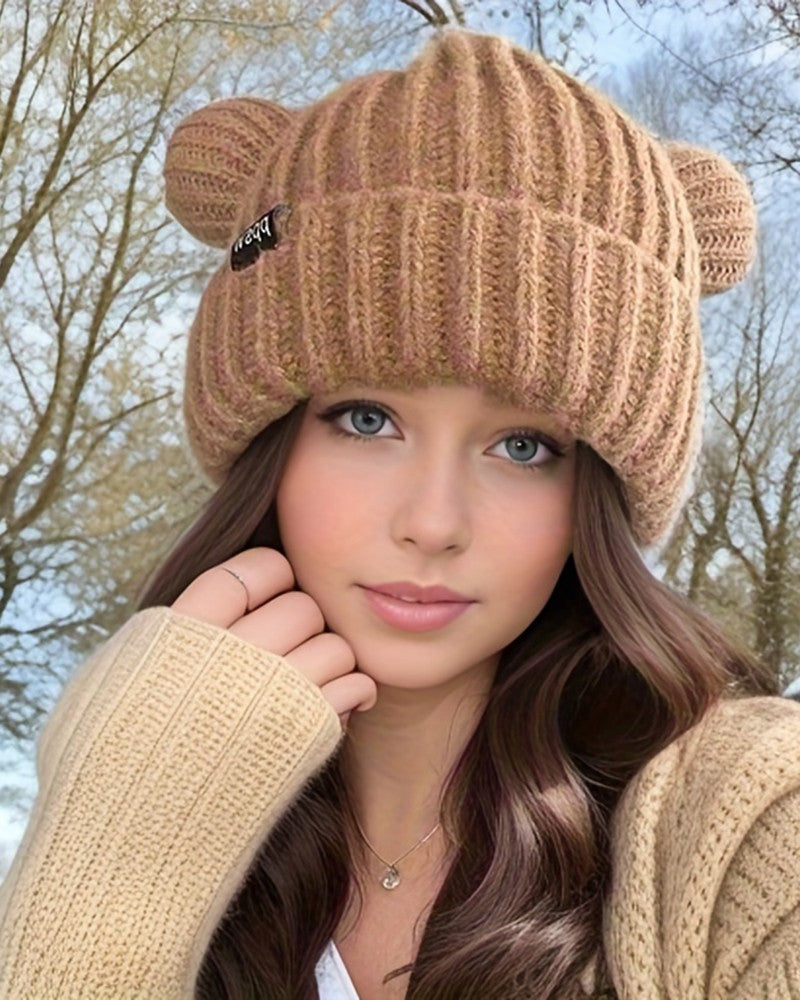 Cuffed Knit Winter Warm Beanie Hat With Bear Ears