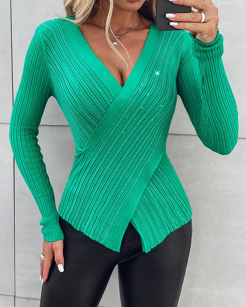 Rhinestone Decor Criss Cross Knit Sweater