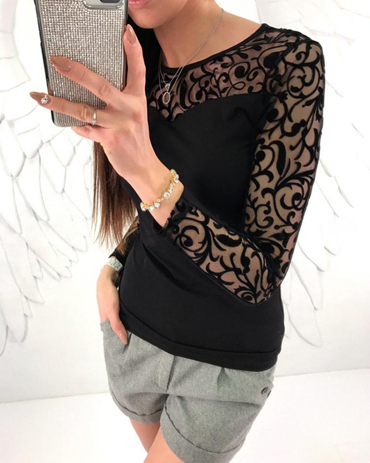 Sheer Mesh Appliqued Patchwork Blouse